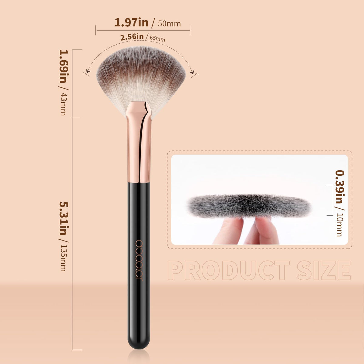 docolor fan brush held in hand to show scale and travel-friendly lightweight benefit