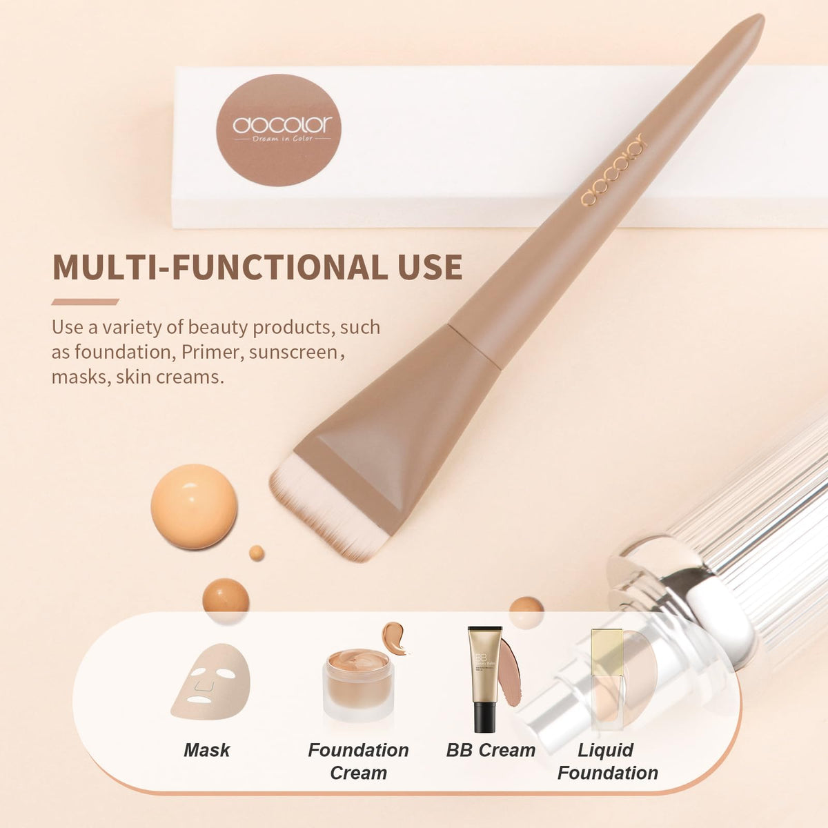 docolor brush applying liquid foundation for smooth, buildable coverage on skin