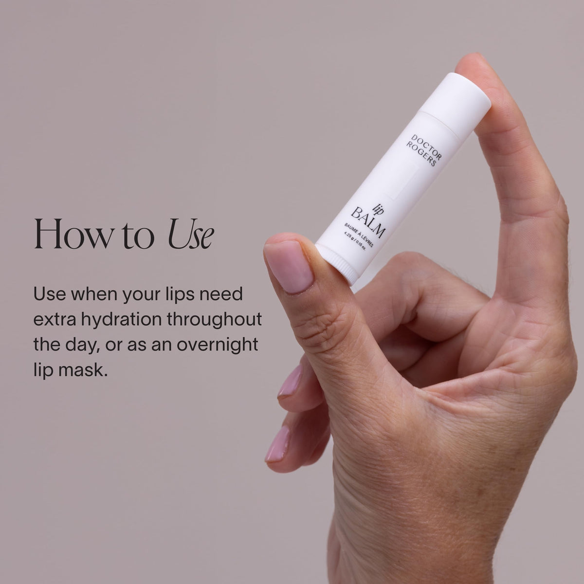 Doctor Rogers lip balm applied on lips demonstrating instant softening benefit
