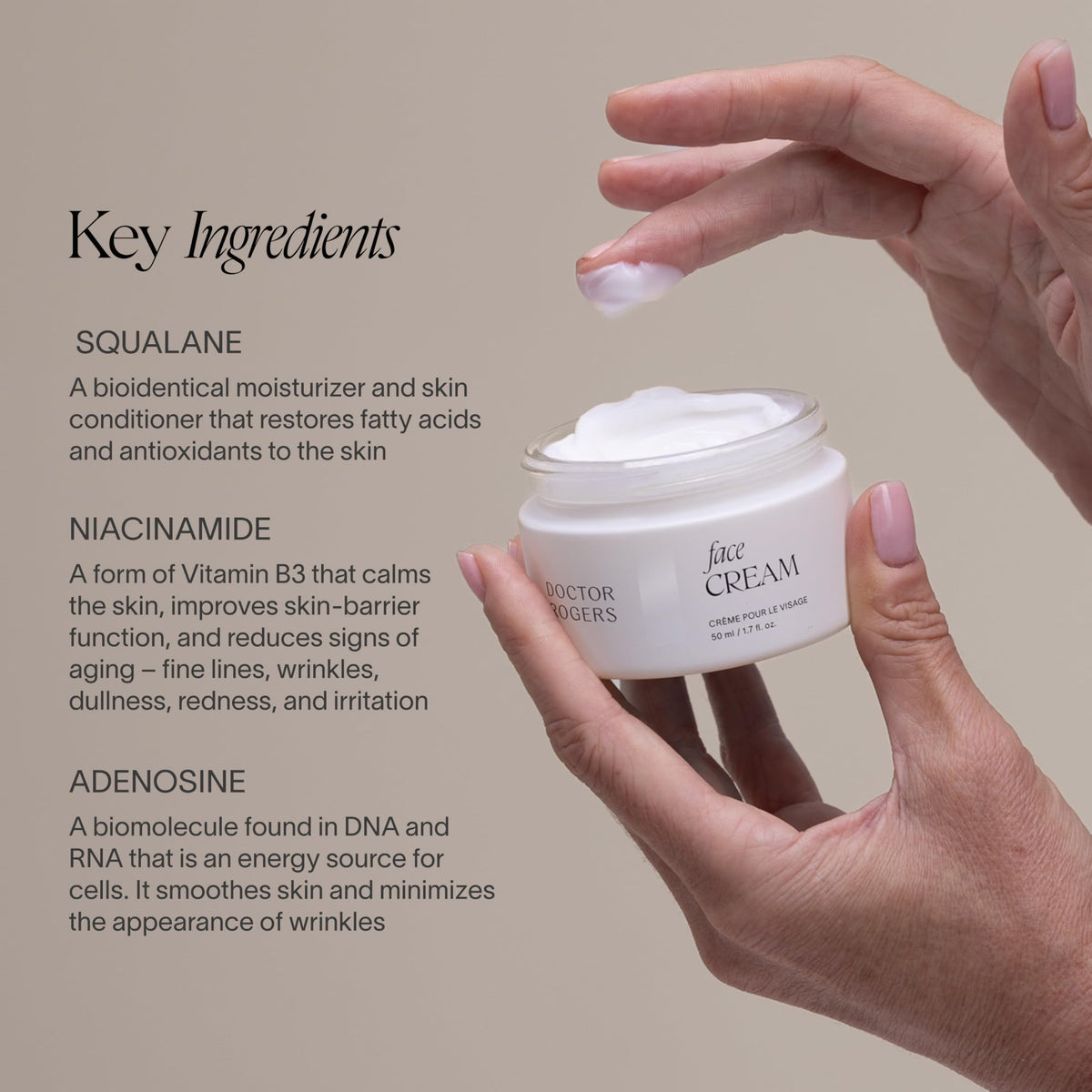 Doctor Rogers cream on hand being applied to face for fast absorption benefit