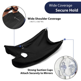 DOEPSILON beard bib mounted on mirror with man trimming, minimizing cleanup benefit