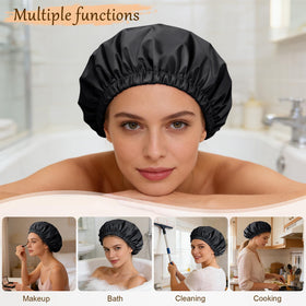 Doitory cap worn in bathroom protecting hairstyle from water
