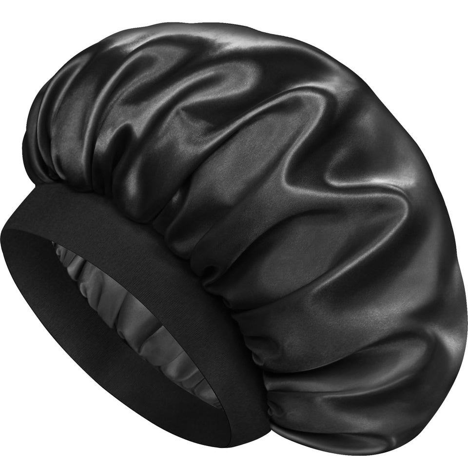 Doitory front view of black satin bonnet showing full shape and protective coverage