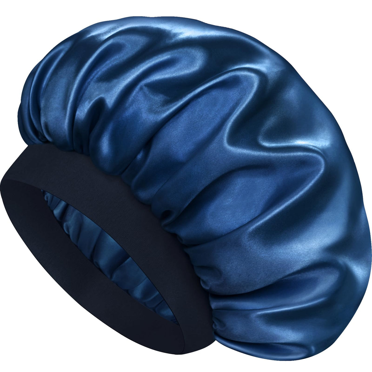 Doitory navy front view silky bonnet showing neat exterior and coverage benefit