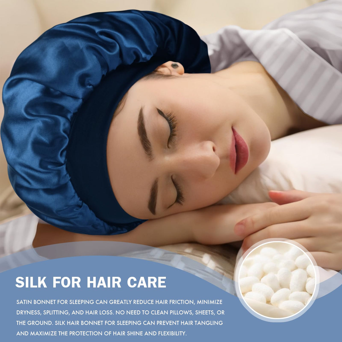 Doitory bonnet worn by model with curly hair to preserve curls overnight
