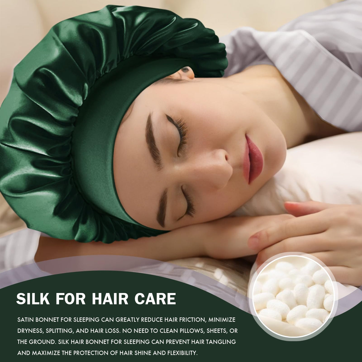 Doitory bonnet on model sleeping illustrating stay-put fit and overnight protection benefit