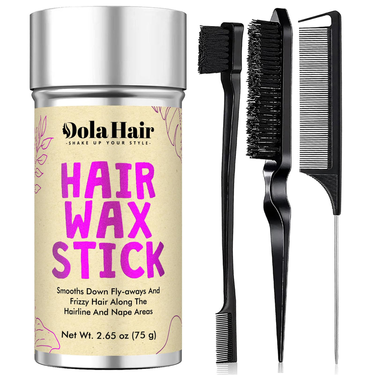 Dolahair front packaging showing wax stick and brush kit for neat styles