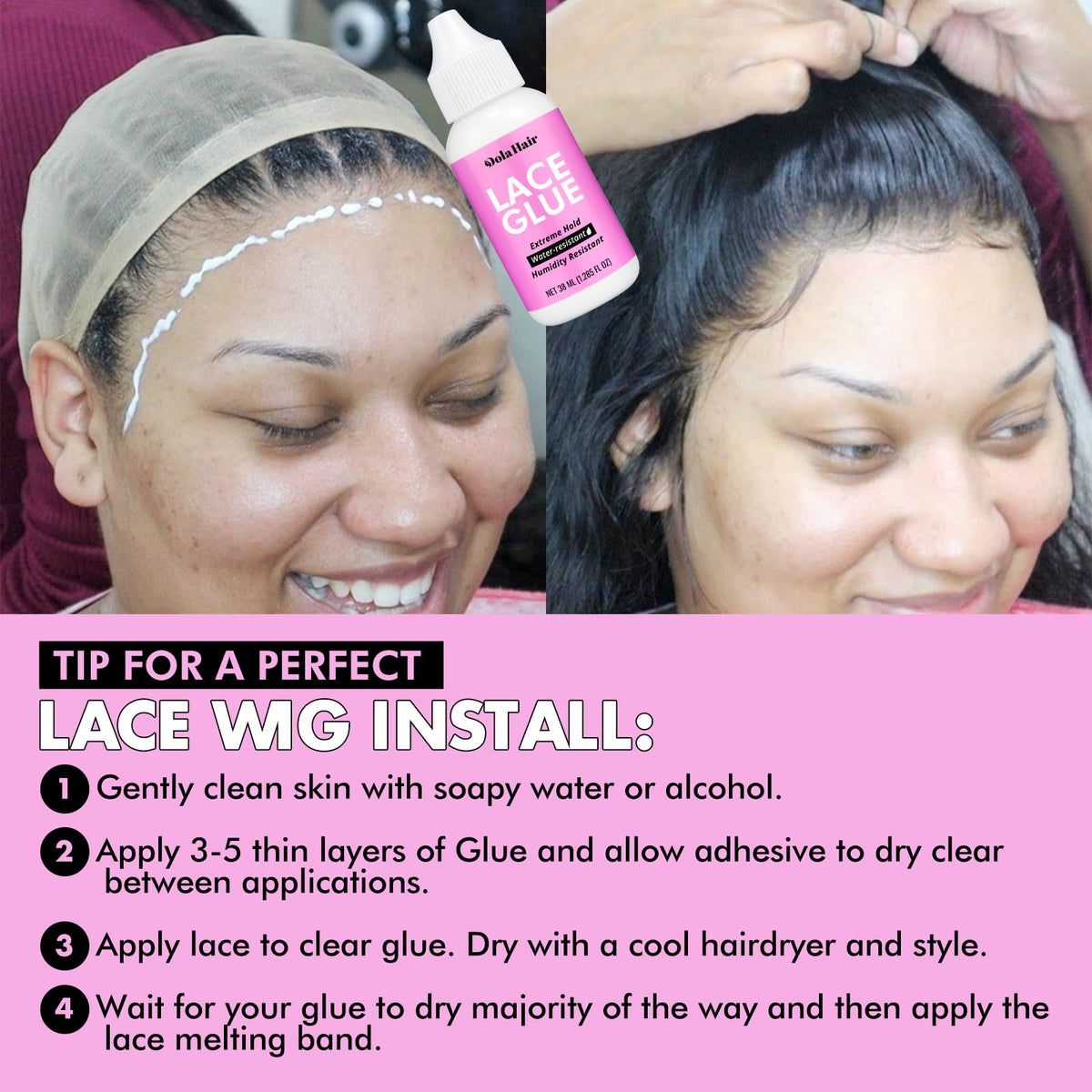 Dolahair extreme hold glue and glue remover bottles for secure removable hold