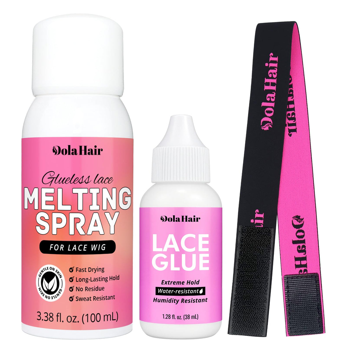 Dolahair bottle front view showing product and neat label for easy identification