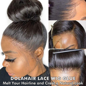 Dolahair worn wig showing seamless natural hairline result