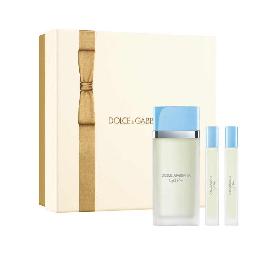 Dolce&Gabbana Light Blue giftset front view showing elegant bottle and travel sprays for fresh convenience