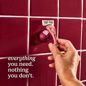 Dollar Shave Club shave set staged in bathroom for organized grooming routine