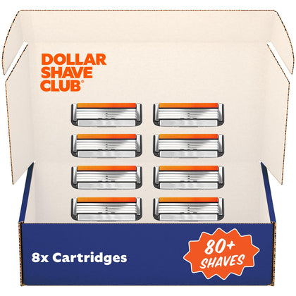 Dollar Shave Club front pack showing eight 4-blade refills and value