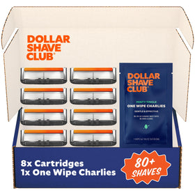 Dollar Shave Club front packaging showing eight 6 blade refills and one wipe for convenient grooming