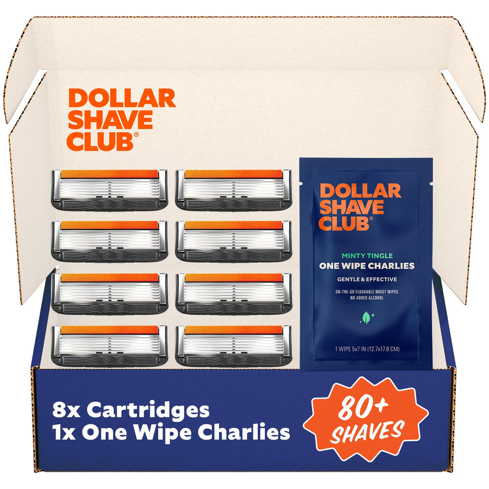 Dollar Shave Club front packaging showing eight 6 blade refills and one wipe for convenient grooming
