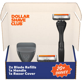 Dollar Shave Club front packaging showing kit benefits and contents