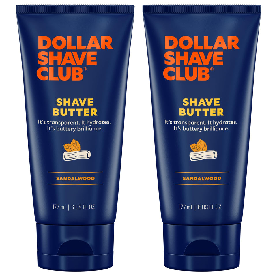 Dollar Shave Club front packaging showing two 6oz shave butter tubs and benefit of precise shaving