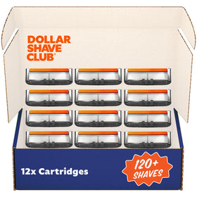Dollar Shave Club front packaging showing 12 refill cartridges and convenience