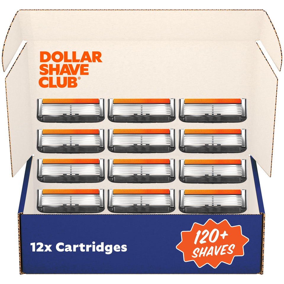 Dollar Shave Club front packaging showing 12 refill cartridges and convenience
