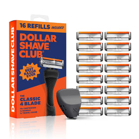 Dollar Shave Club front packaging showing kit contents and value