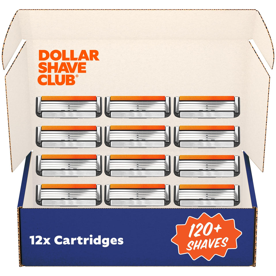 Dollar Shave Club front packaging showing 12-pack and value