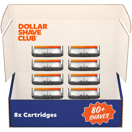 Dollar Shave Club front packaging showing eight 6-blade refills and clear labeling for convenience