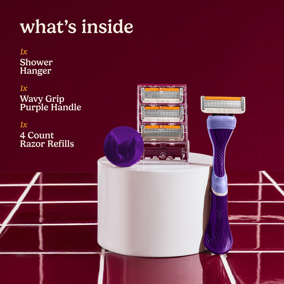 Dollar Shave Club purple wavy handle close-up for secure wet grip benefit
