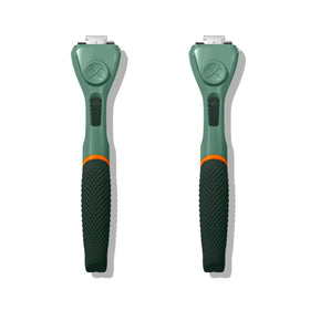 Dollar Shave Club green handle front view showing durable grip and easy storage