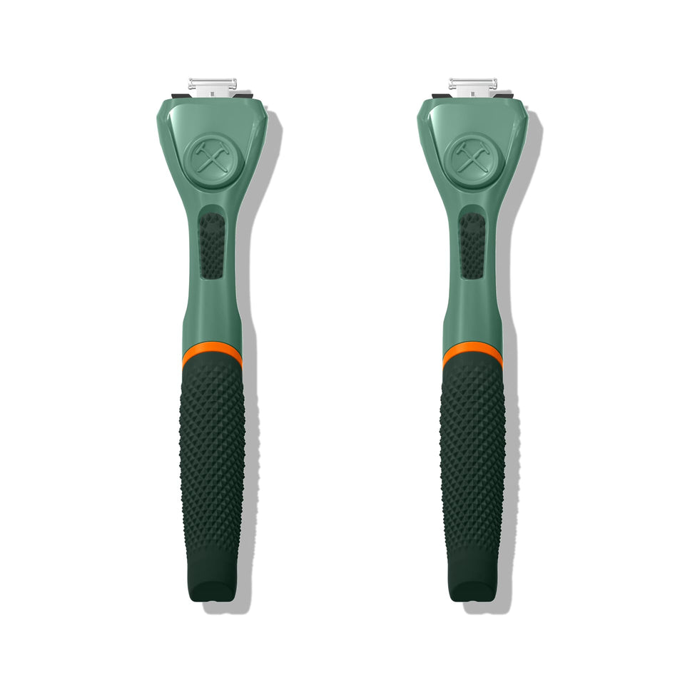 Dollar Shave Club green handle front view showing durable grip and easy storage