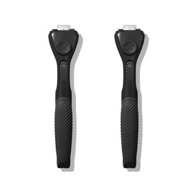 Dollar Shave Club black handle front view showing sleek finish and control