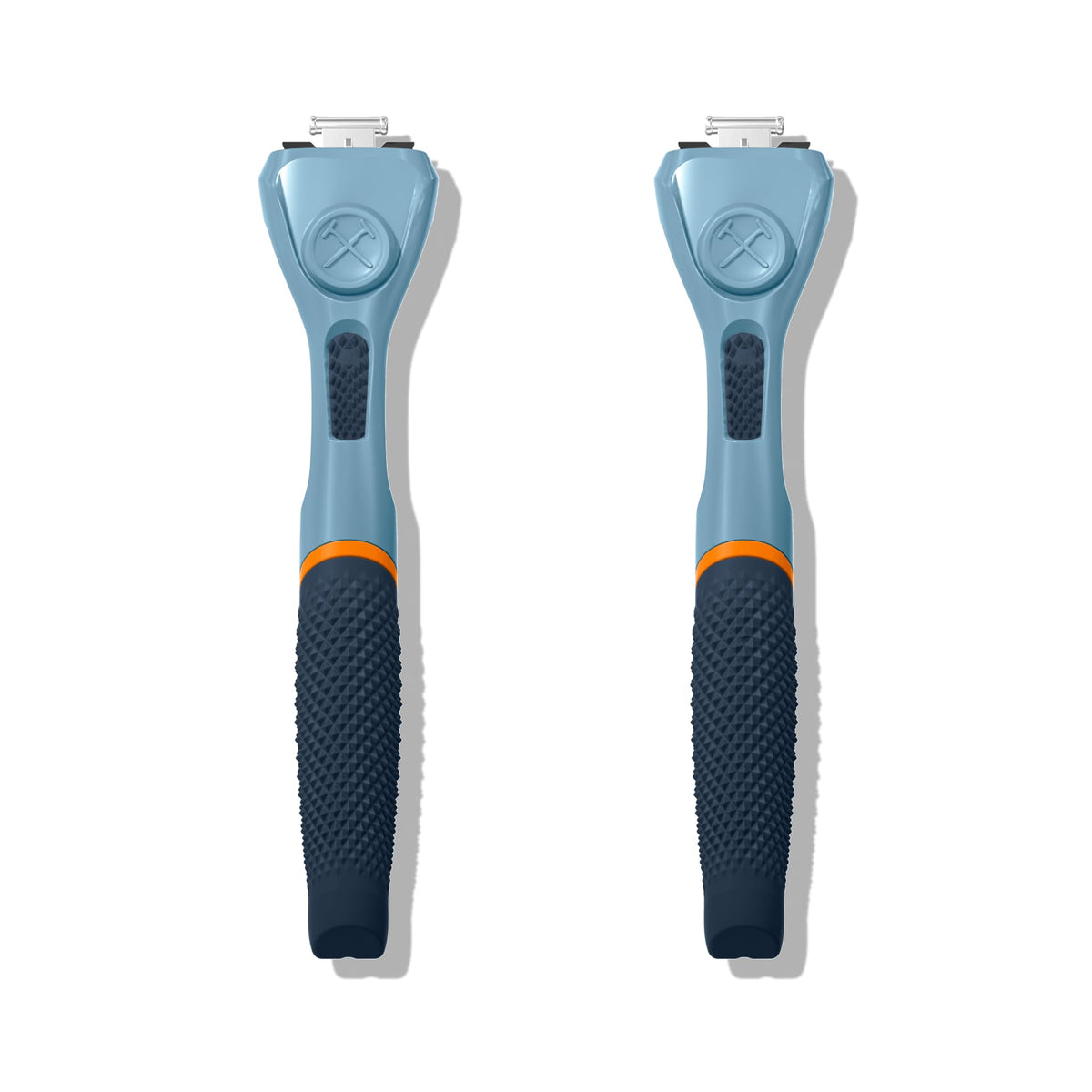 Dollar Shave Club blue handle front view showing ergonomic design and steady control