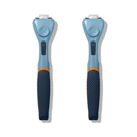 Dollar Shave Club blue handle front view showing ergonomic design and steady control