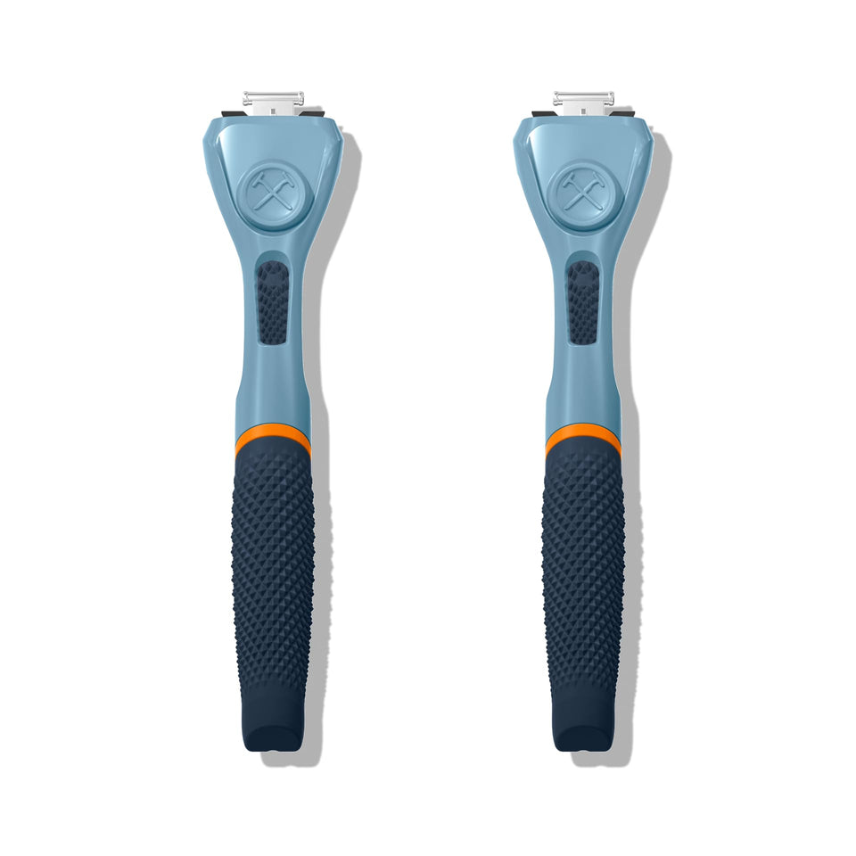 Dollar Shave Club blue handle front view showing ergonomic design and steady control