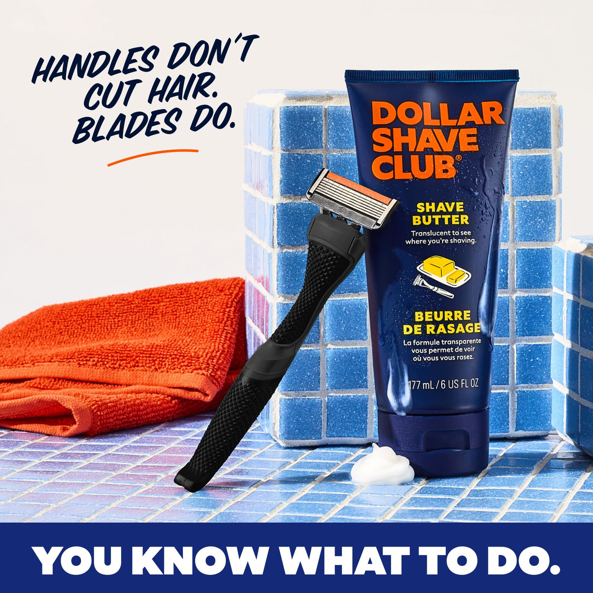 Dollar Shave Club handle on bathroom counter suggesting travel readiness