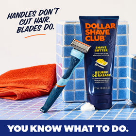 Dollar Shave Club two-handle pack and included contents displayed for unboxing clarity