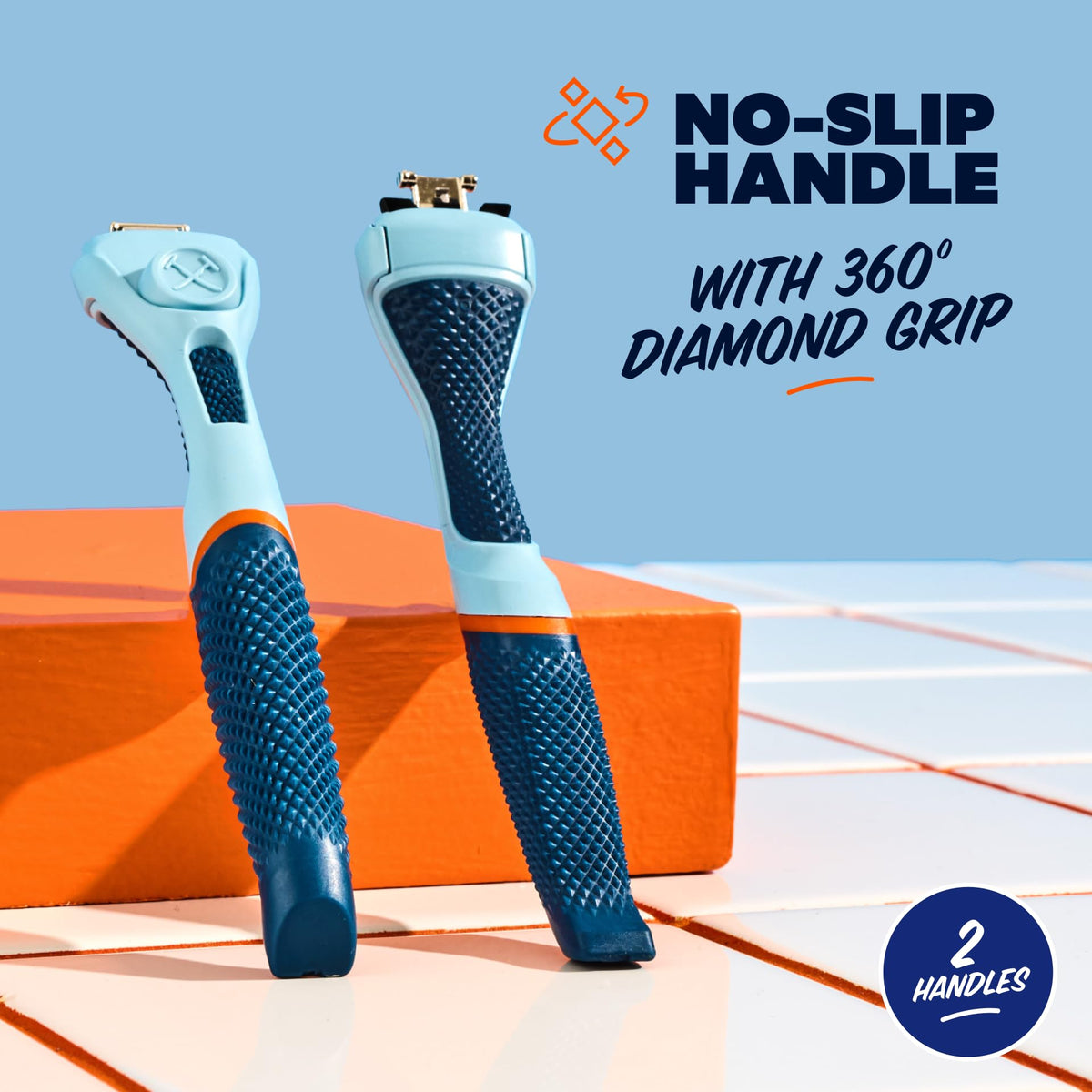 Dollar Shave Club handle next to common items to show compact size and travel readiness