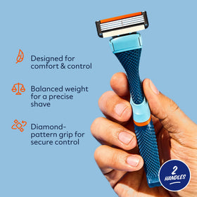 Dollar Shave Club handle attached to 4-blade cartridge demonstrating compatibility and easy click