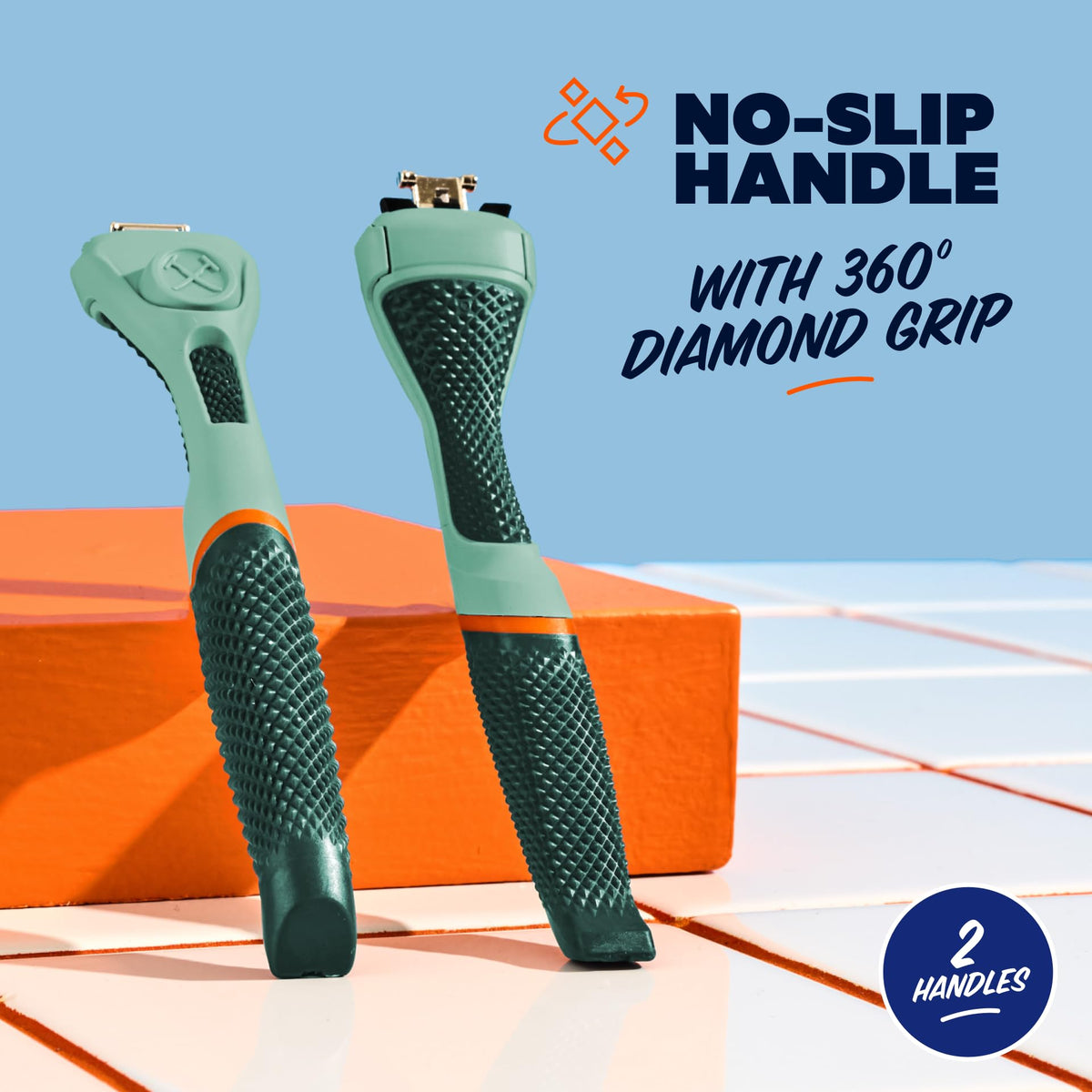Dollar Shave Club handle paired with 6-blade cartridge showing interchangeable use