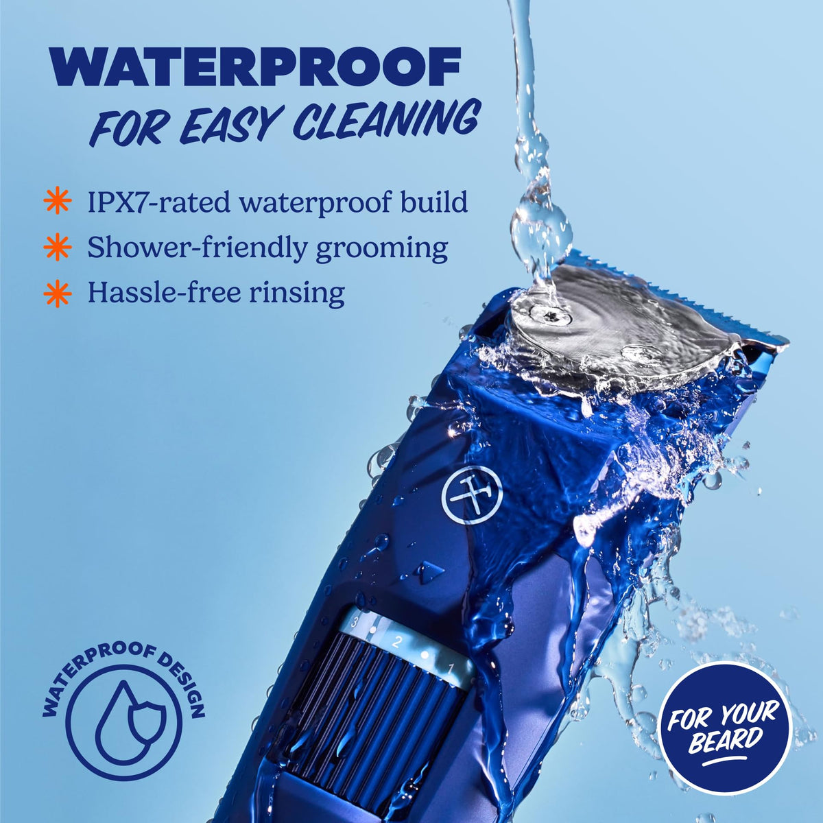 Dollar Shave Club trimmer in shower lifestyle showing waterproof easy cleaning