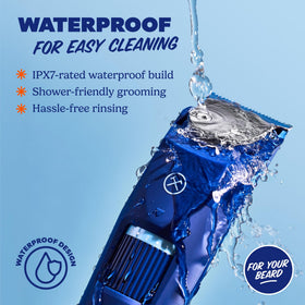 Dollar Shave Club trimmer in shower lifestyle showing waterproof easy cleaning
