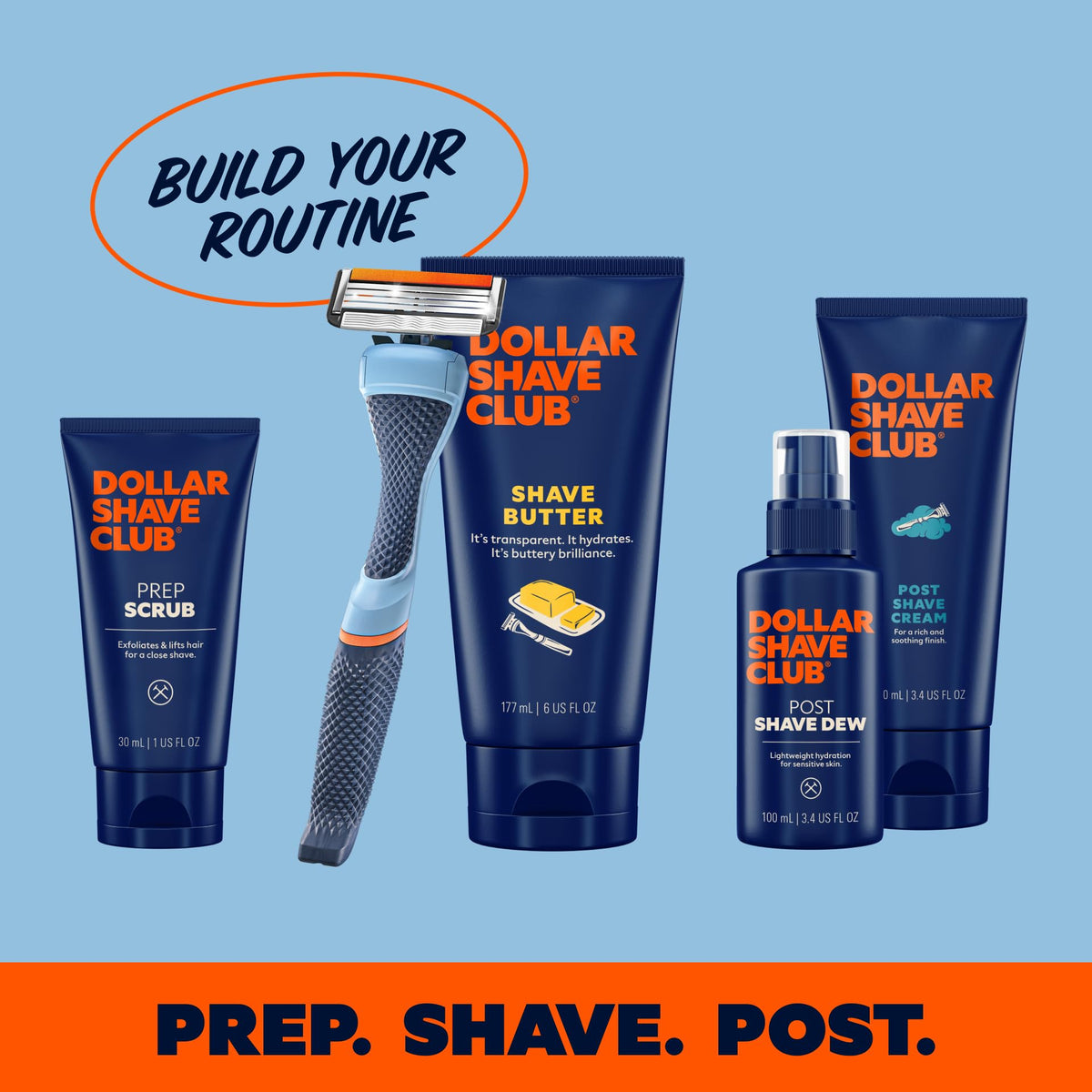 Dollar Shave Club refills staged in bathroom for grooming convenience