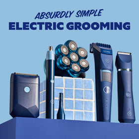 Dollar Shave Club trimmer on a bathroom shelf for everyday grooming readiness