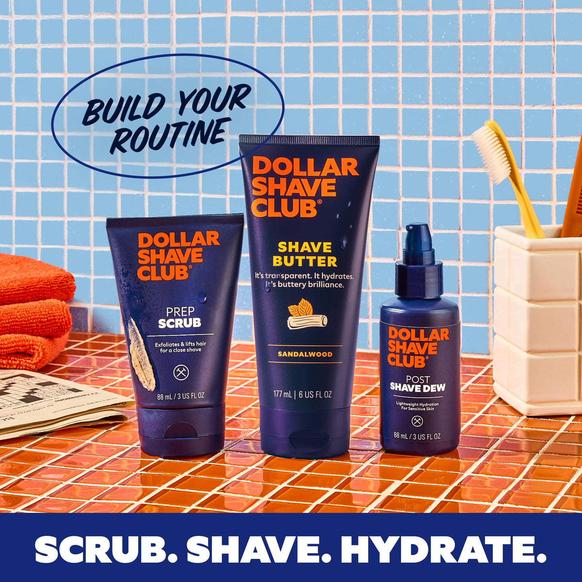 Dollar Shave Club shave butter on bathroom shelf with warm tones showing scent appeal benefit