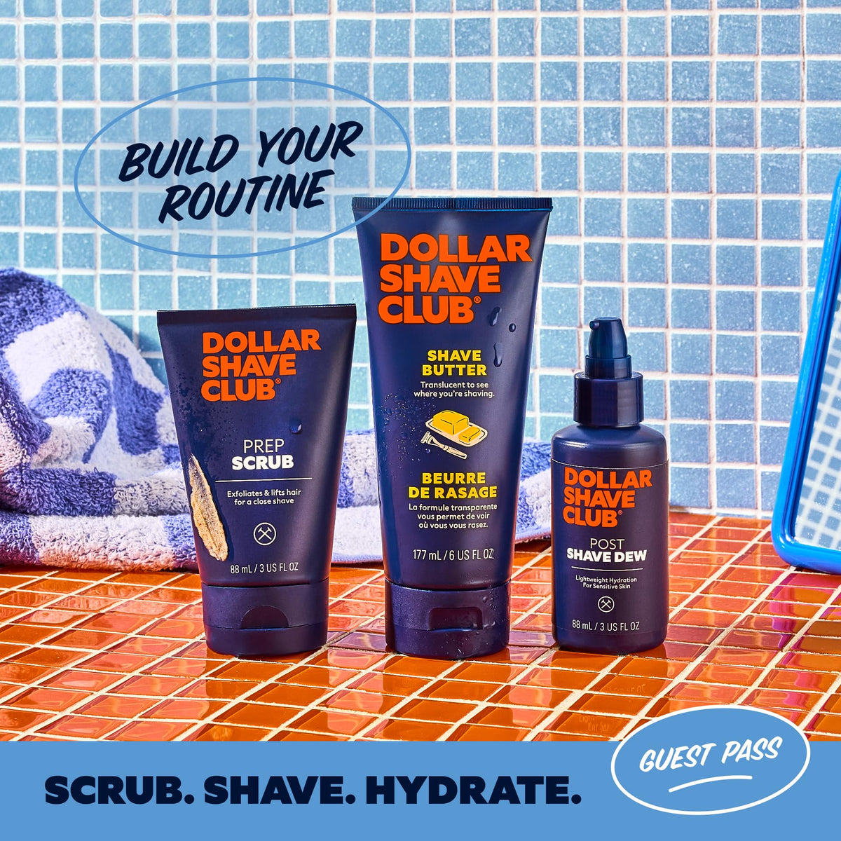 Dollar Shave Club razor set displayed in bathroom lifestyle for grooming routine