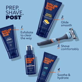 Dollar Shave Club tube beside razor in bathroom lifestyle showing post-shave routine use