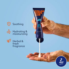 Dollar Shave Club close-up of pump and cap highlighting easy dispensing and leak resistance