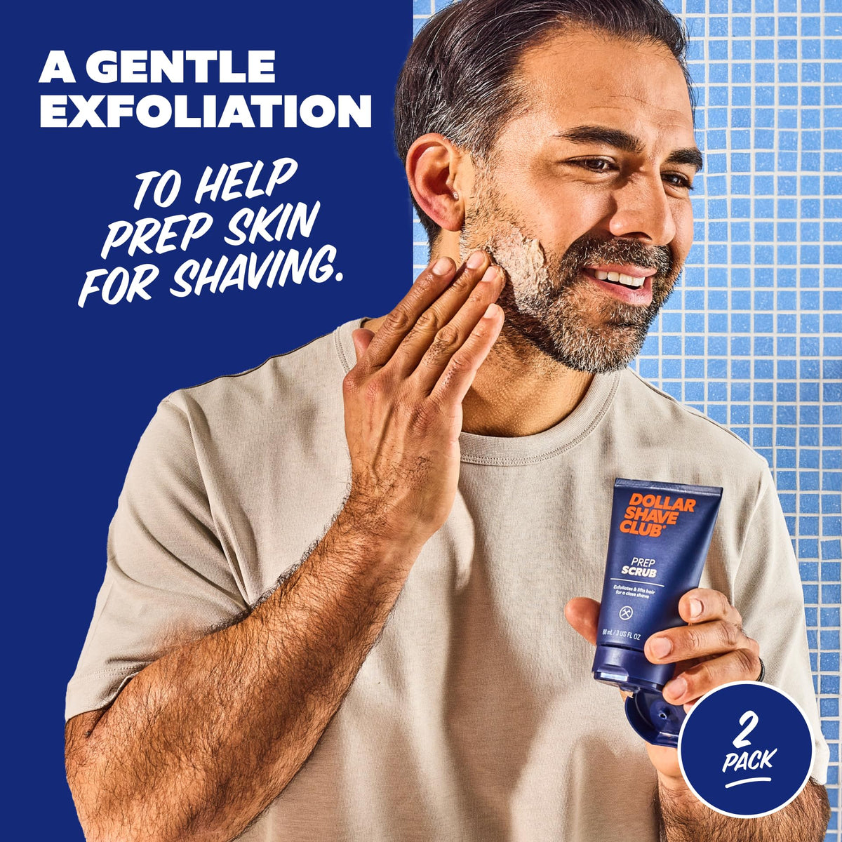 Dollar Shave Club applying prep scrub to beard area for closer shave