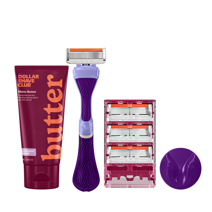 Dollar Shave Club purple wavy handle front view showing ergonomic grip for secure control