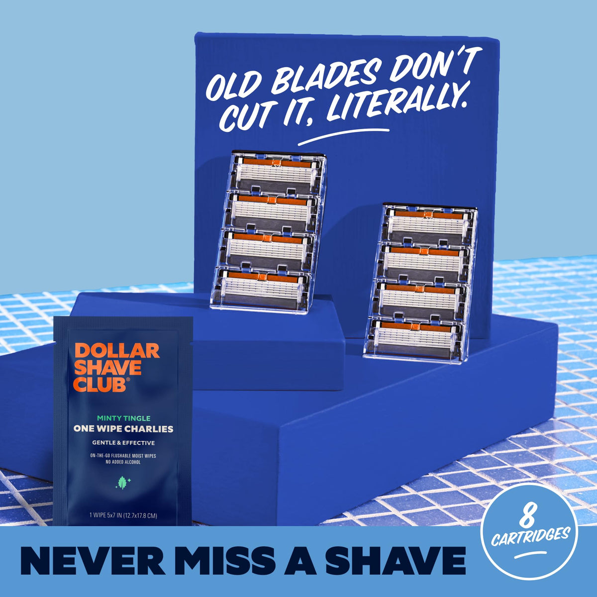 Dollar Shave Club refills next to a handle to show scale and compatibility for quick swaps