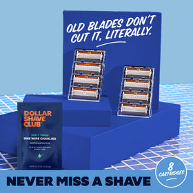 Dollar Shave Club refills next to a handle to show scale and compatibility for quick swaps